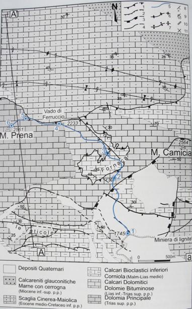 Figura 4: Schema geologico-strutturale della zona del M. Prena e del M. Camicia. (1) Sovrascorrimento; (2)faglia normale; (3)faglia normale a basso angolo di pendenza; (4)faglia; (6) anticlinale; (7)sinclinale; (8)giacitura degli strati; (a)pendenza; (9) rovesciati; (10) verticali; (11)orizzontali: Traccia di sentiero (Foto dall'archivio Zis)